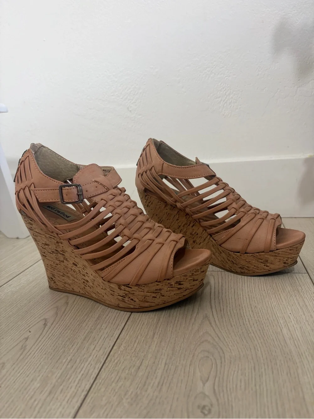 Not Rated Tan Caged Cork Platform Wedge Heels size 7